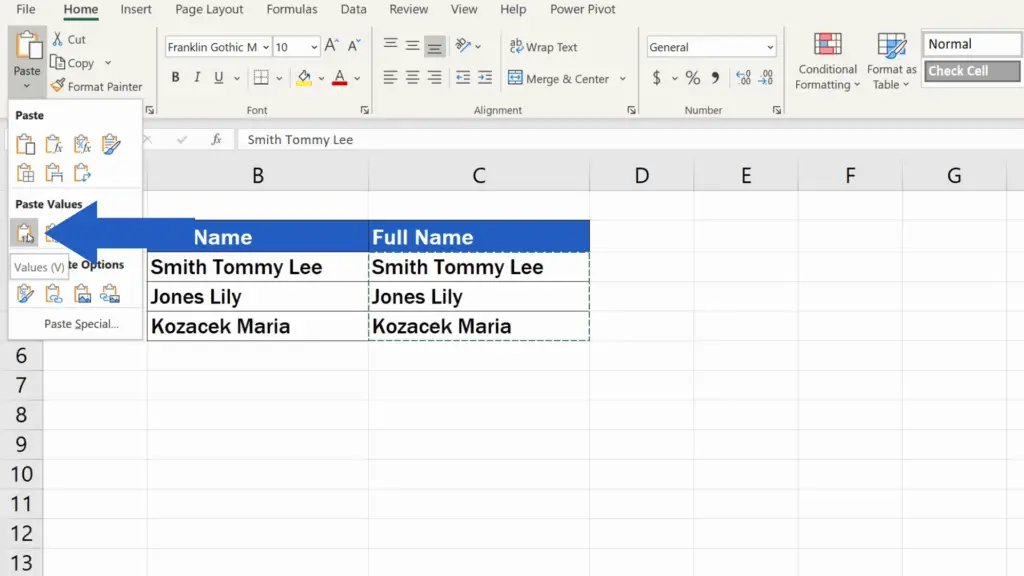 How to Remove Spaces in Excel - select option Paste Values