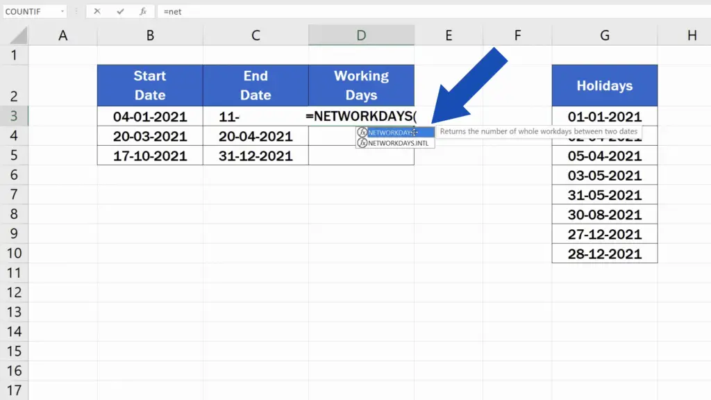 How to Calculate Working Days in Excel -  Excel will look the function up