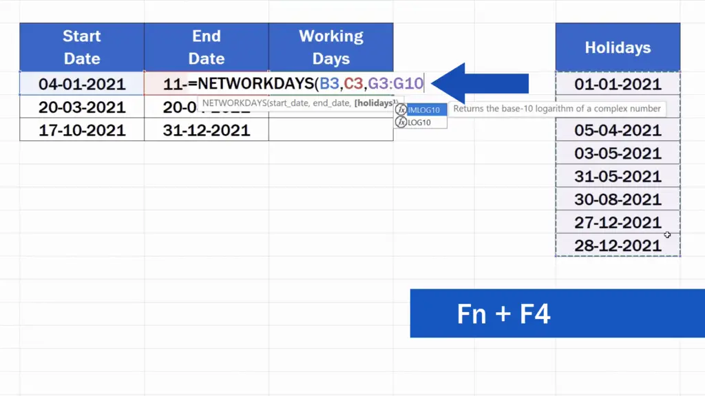 How to Calculate Working Days in Excel - Function key pressed together with F4