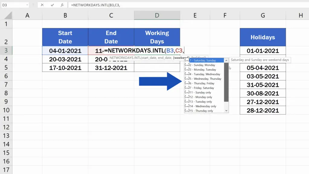 How to Calculate Working Days in Excel - NETWORKDAY.INTL formula