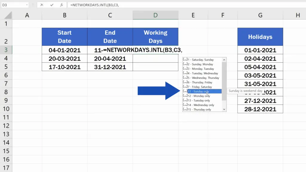 How to Calculate Working Days in Excel - Sunday the weekend day