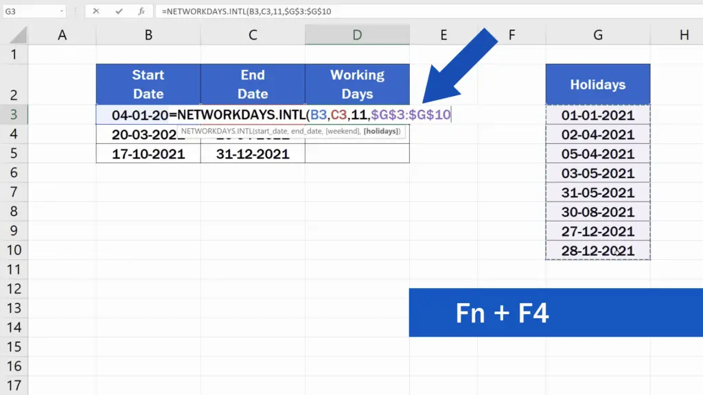 How to Calculate Working Days in Excel - absolute reference