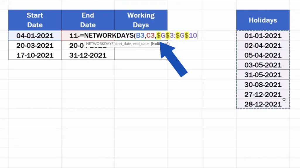 How to Calculate Working Days in Excel - absolute reference to the holiday dates