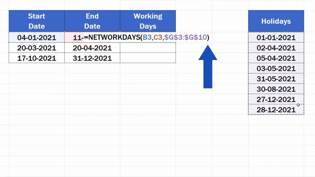 How to Calculate Working Days in Excel - close the brackets