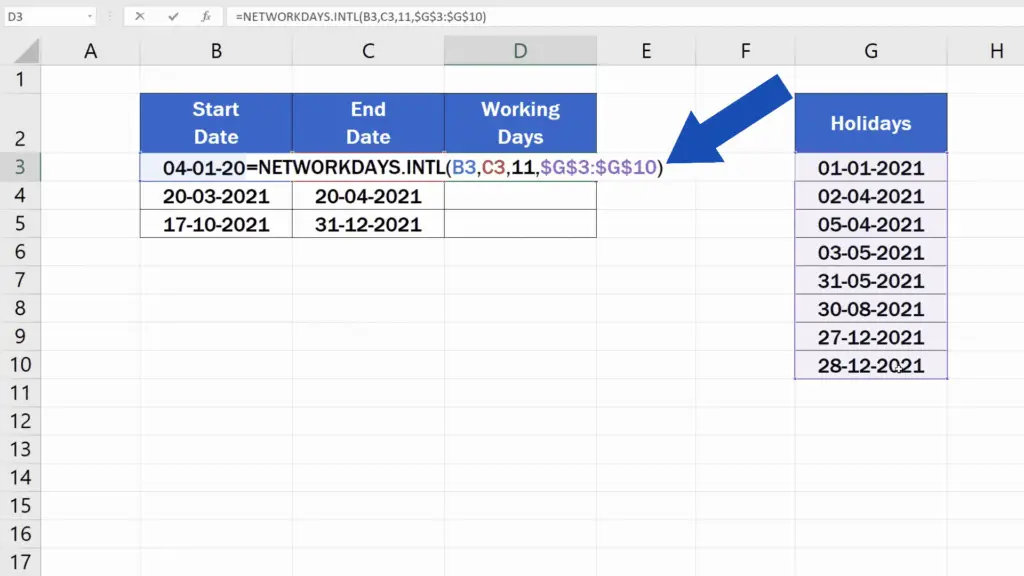 How to Calculate Working Days in Excel - close the brackets