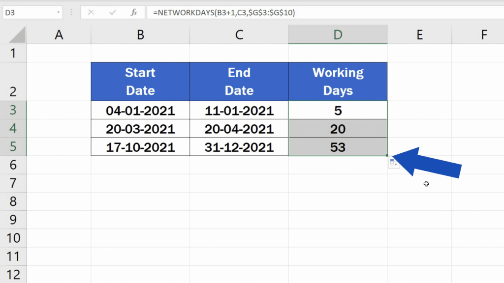 How to Calculate Working Days in Excel - copy the formula