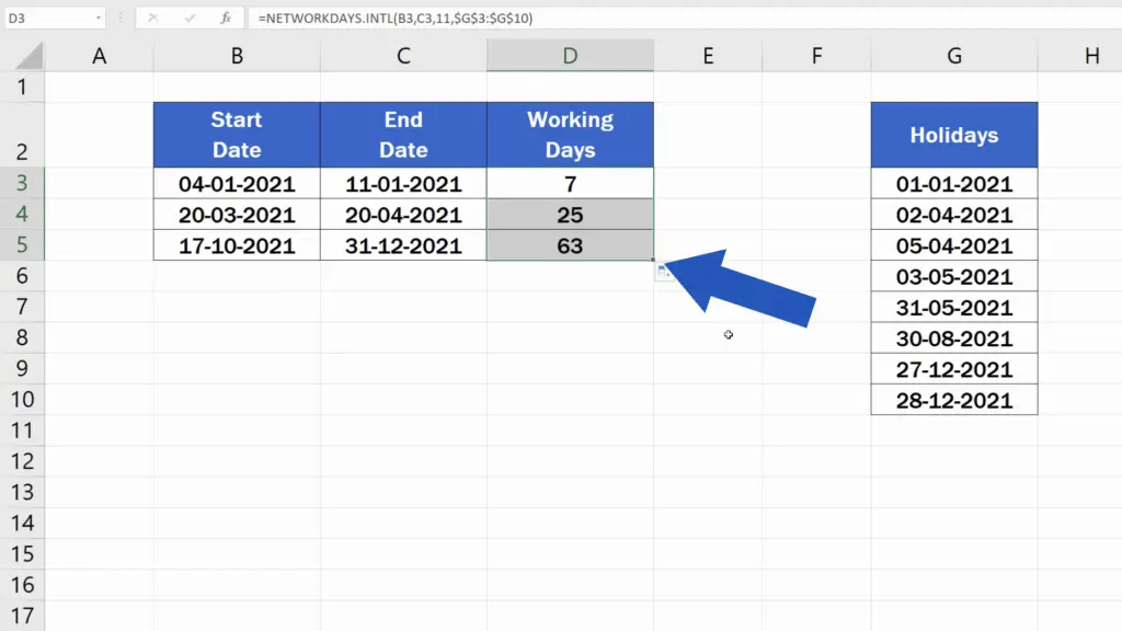 How to Calculate Working Days in Excel - copy the function