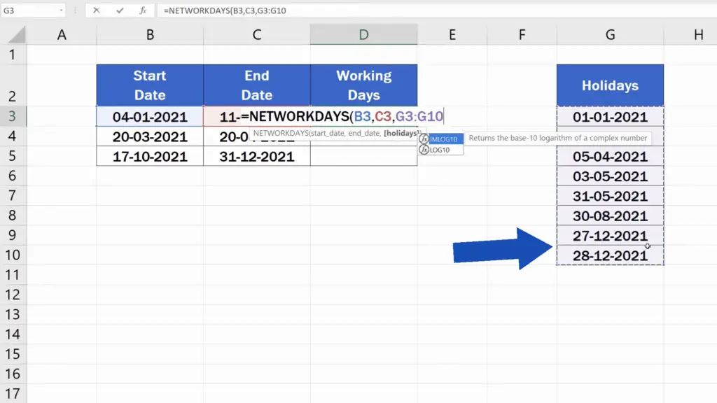 How to Calculate Working Days in Excel - enter the details