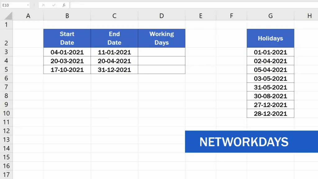 How to Calculate Working Days in Excel - function NETWORKDAYS