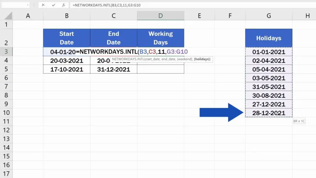 How to Calculate Working Days in Excel - holiday days