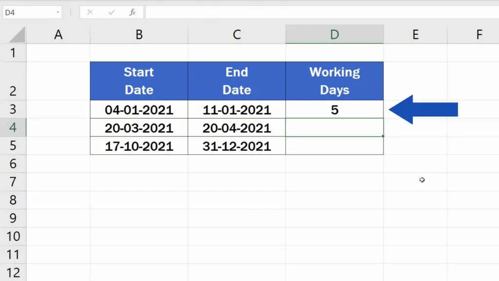 How to Calculate Working Days in Excel - new working days count