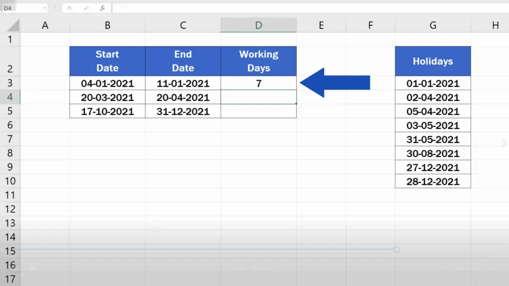 How to Calculate Working Days in Excel - seven working days