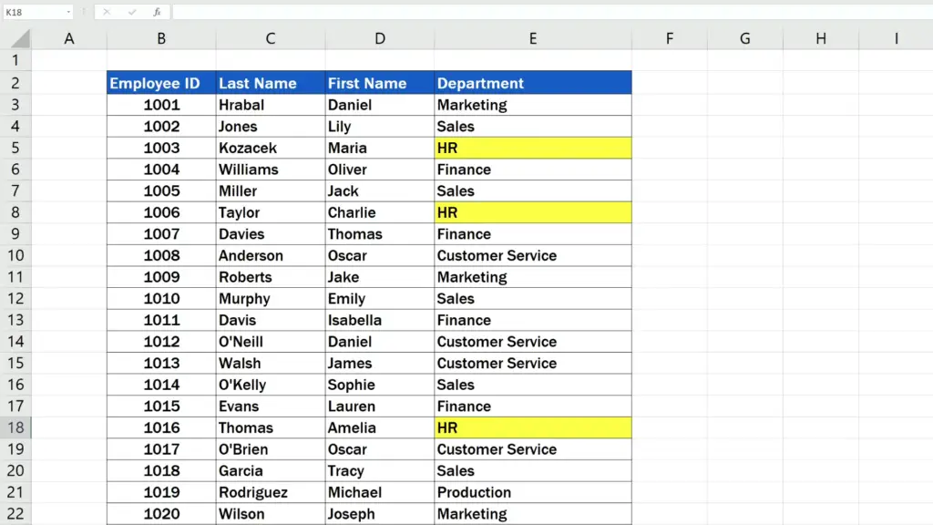 How to Replace Words in Excel - Change the name of the department from ‘HR’ to ‘Human Resources’