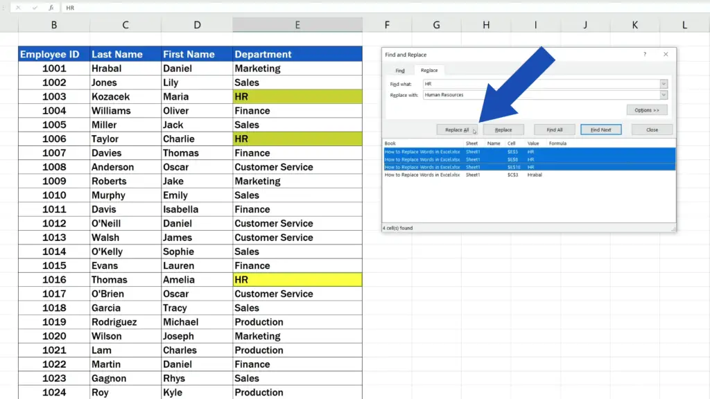 How to Replace Words in Excel - Click on Replace All