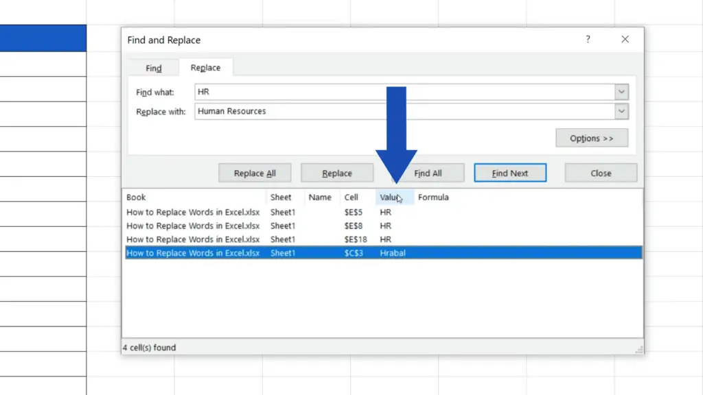 How to Replace Words in Excel - Click on Value