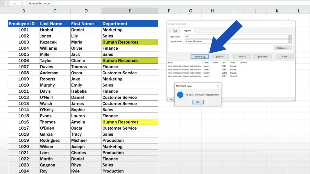 How to Replace Words in Excel - Excel replaces only the selected phrases