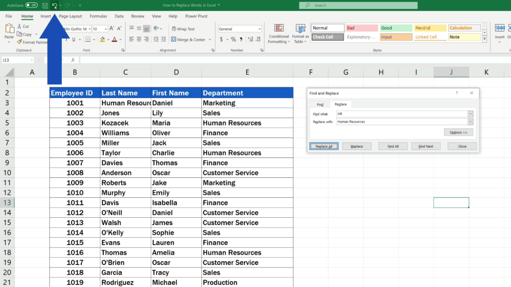How to Replace Words in Excel - Undo the changes