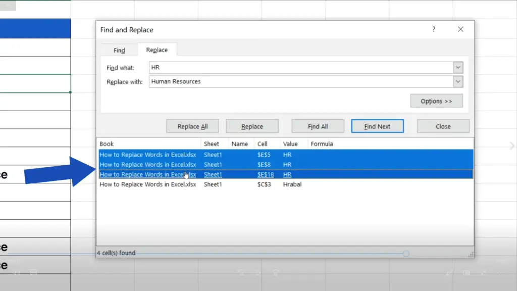 How to Replace Words in Excel - click on the first item, press and hold the Shift key and finally click on the last ‘HR’ on the list