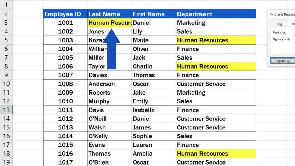 How to Replace Words in Excel - replace the letters ‘Hr’ in the name ‘Hrabal’