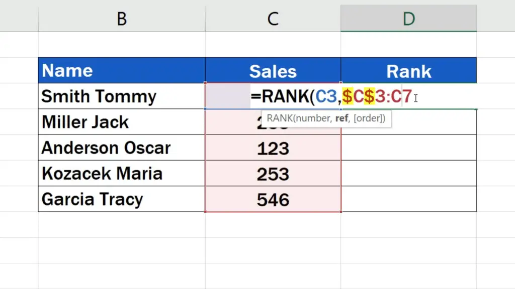 How to Calculate a Rank in Excel -The dollar sign appeared next to the cell reference