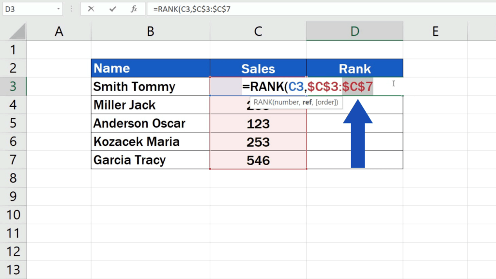 How to Calculate a Rank in Excel -We use the same keys to fix the coordinates C7