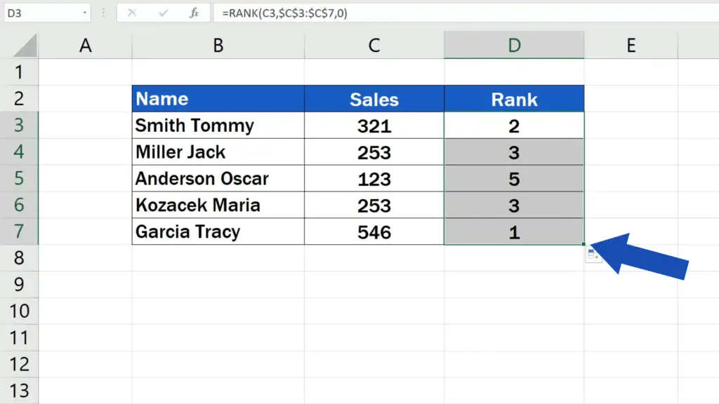 How to Calculate a Rank in Excel - copy the function