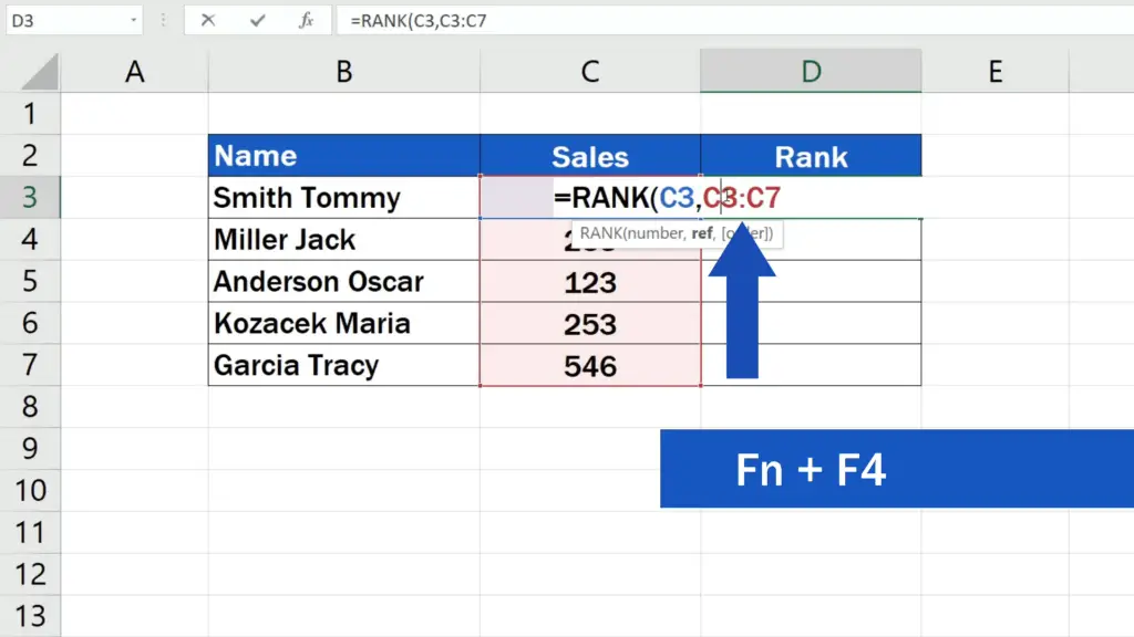 How to Calculate a Rank in Excel - hold the Function key along with F4