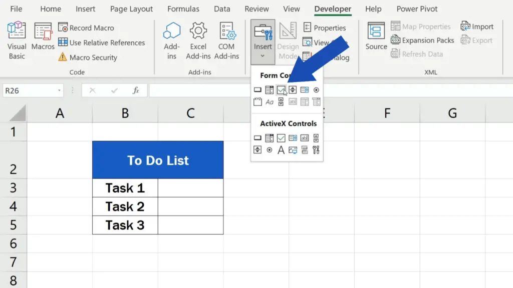 How to Insert a Checkbox in Excel - click on the check box