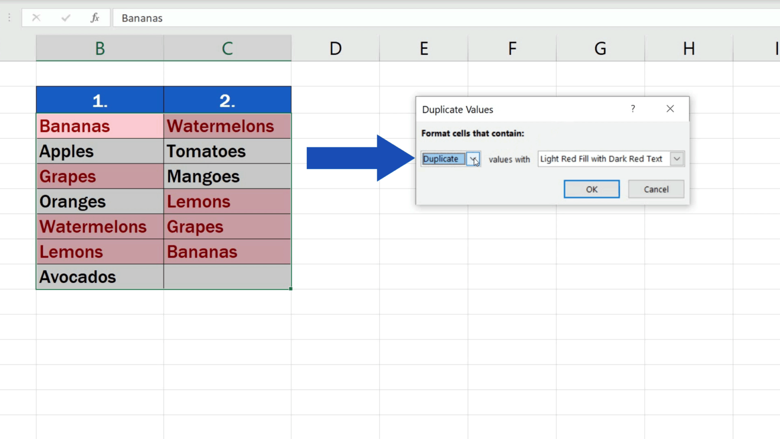 compare two columns in excel and highlight differences