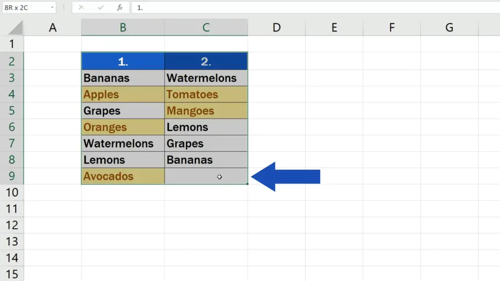 How to Compare Two Columns in Excel to Find Differences - Select the whole area