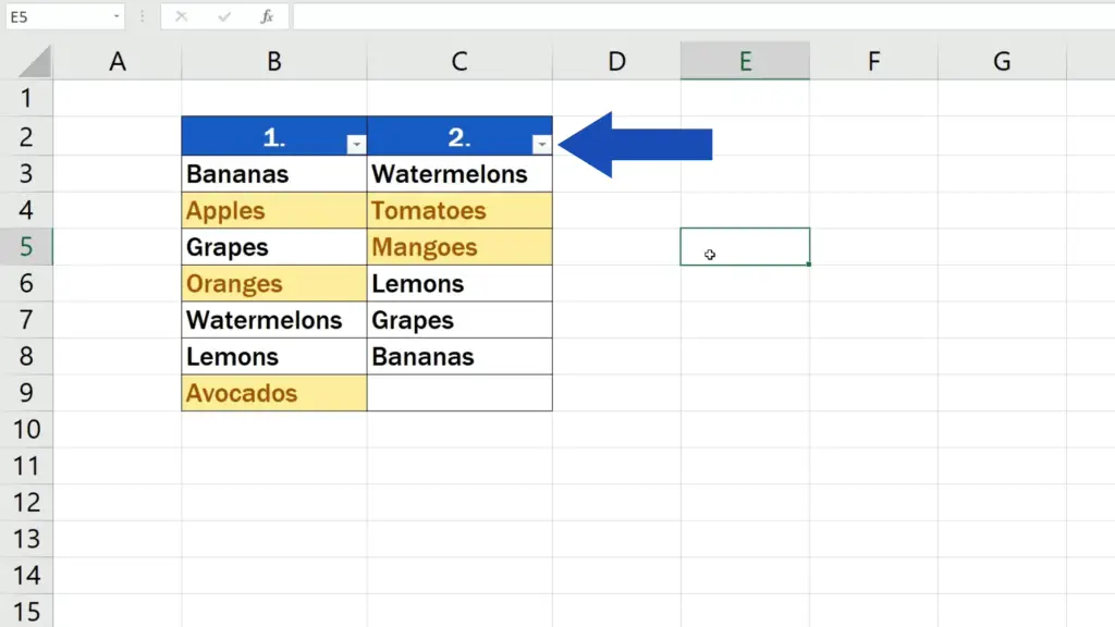 How to Compare Two Columns in Excel to Find Differences - The filter option now shows in the header