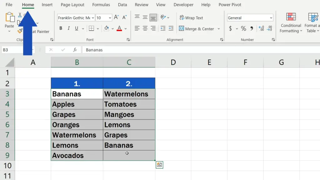 How to Compare Two Columns in Excel to Find Differences - home tab