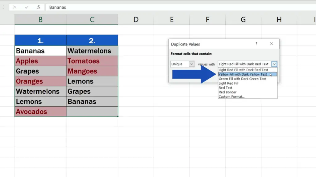 How to Compare Two Columns in Excel to Find Differences - the values highlighted in yellow