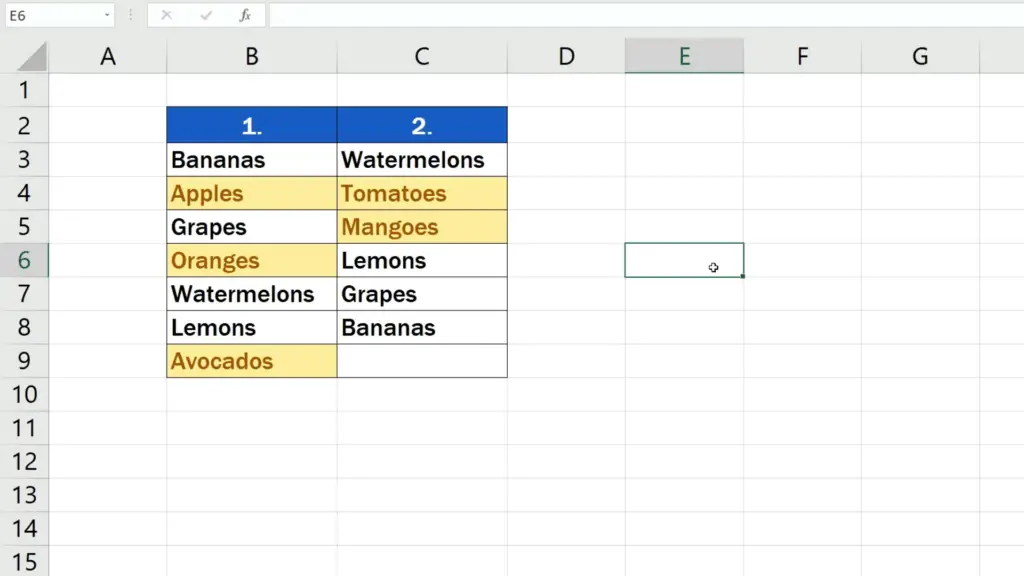 How to Compare Two Columns in Excel to Find Differences - the values highlighted in yellow
