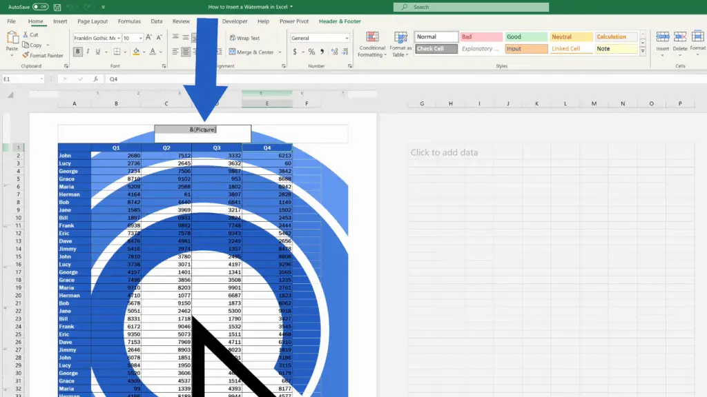 How to Insert a Watermark in Excel - click on the header