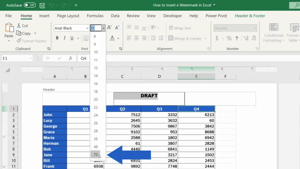 How to Insert a Watermark in Excel - font size 72