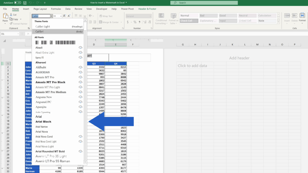 How to Insert a Watermark in Excel -  font type Arial Black