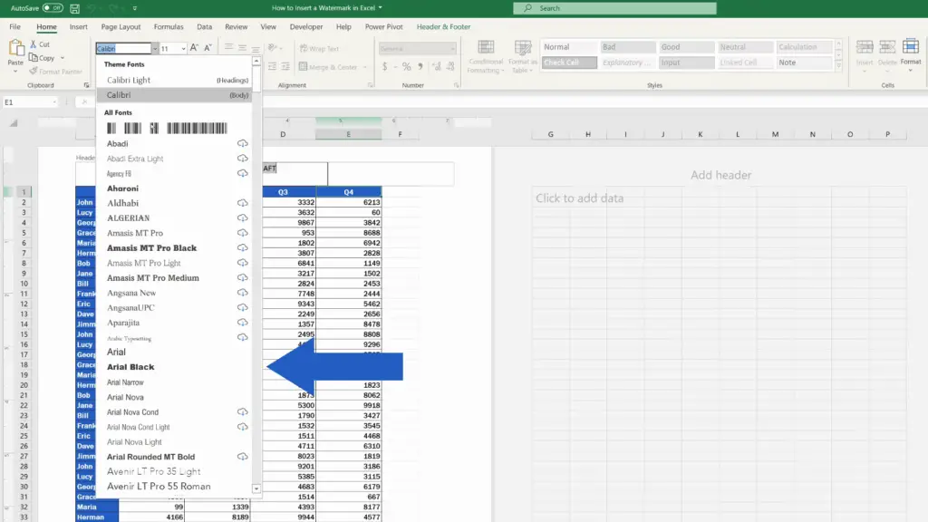 How to Insert a Watermark in Excel -  font type Arial Black