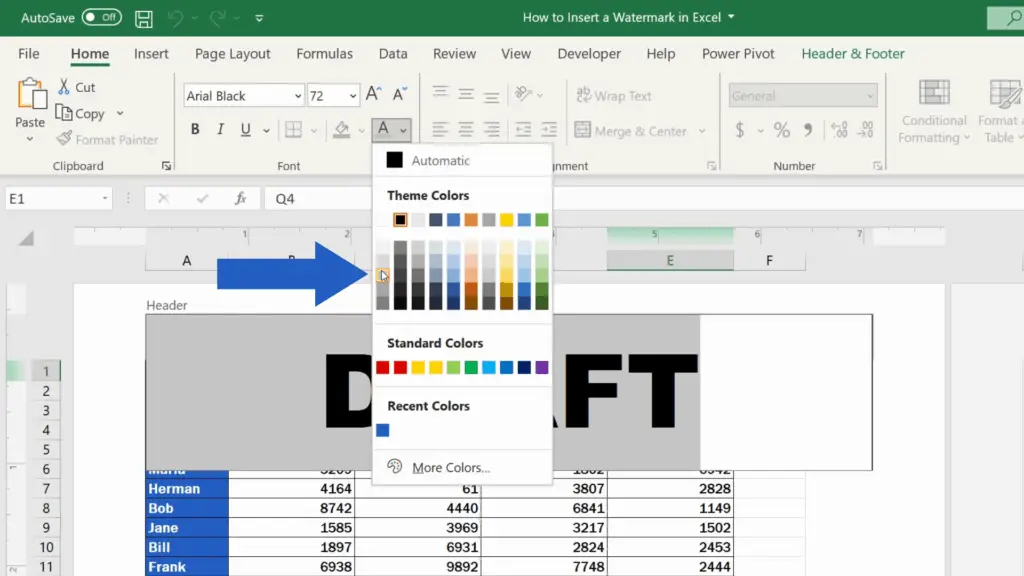 How to Insert a Watermark in Excel - select the colour of the text