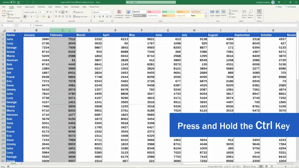 How to Select Two Different Columns in Excel at the Same Time - Select the first column by clicking on it, then press and hold the Ctrl key