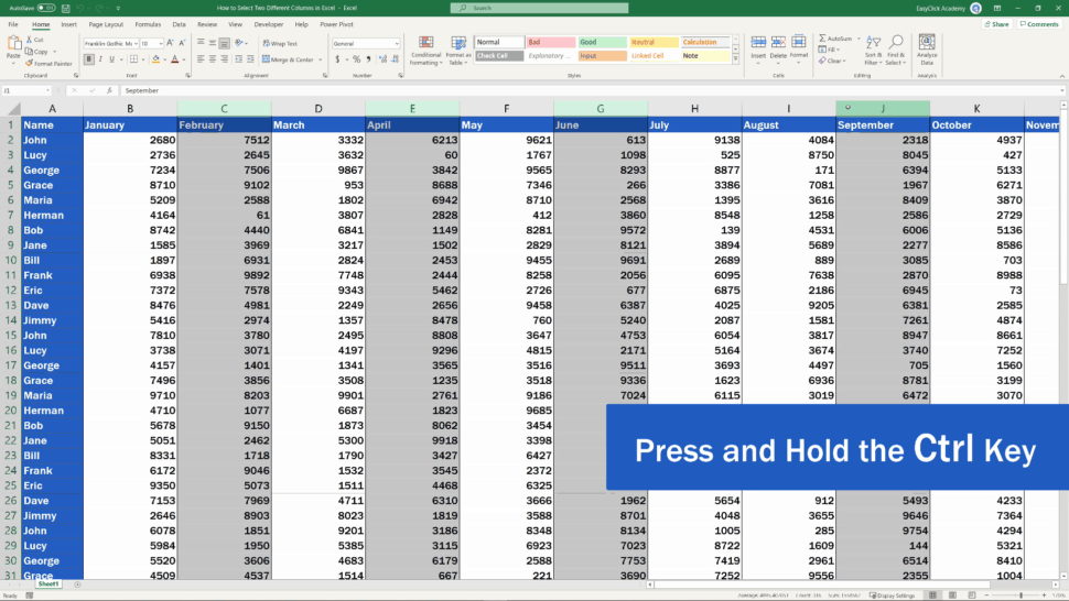 How to Select Two Different Columns in Excel at the Same Time