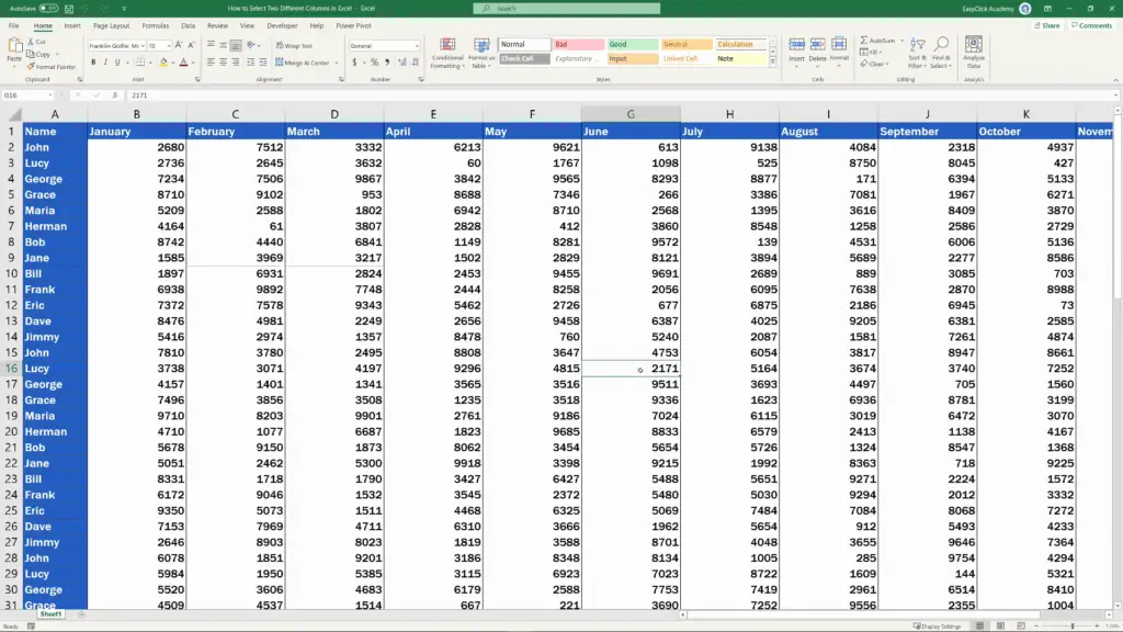 How to Select Two Different Columns in Excel at the Same Time - highlighted columns unselected