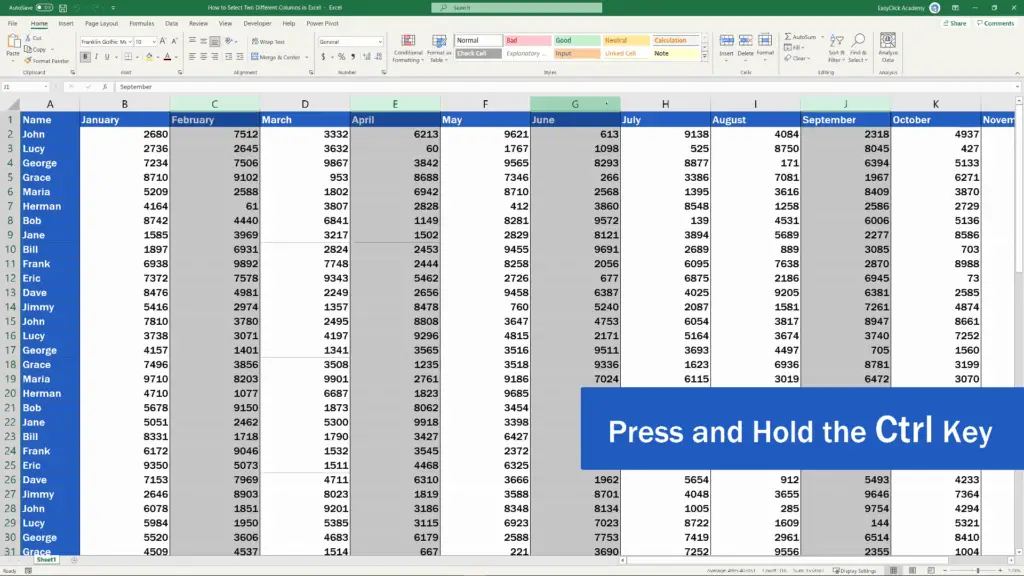 How to Select Two Different Columns in Excel at the Same Time - unselect any of the highlighted columns