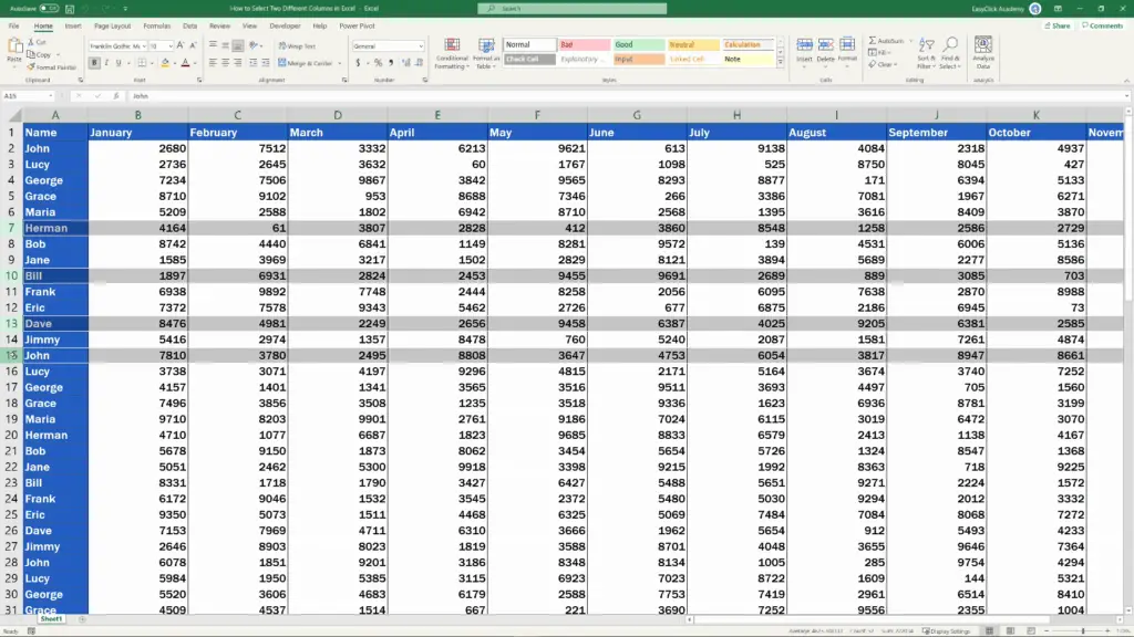 How to Select Two Different Columns in Excel at the Same Time - use the Ctrl key with different rows