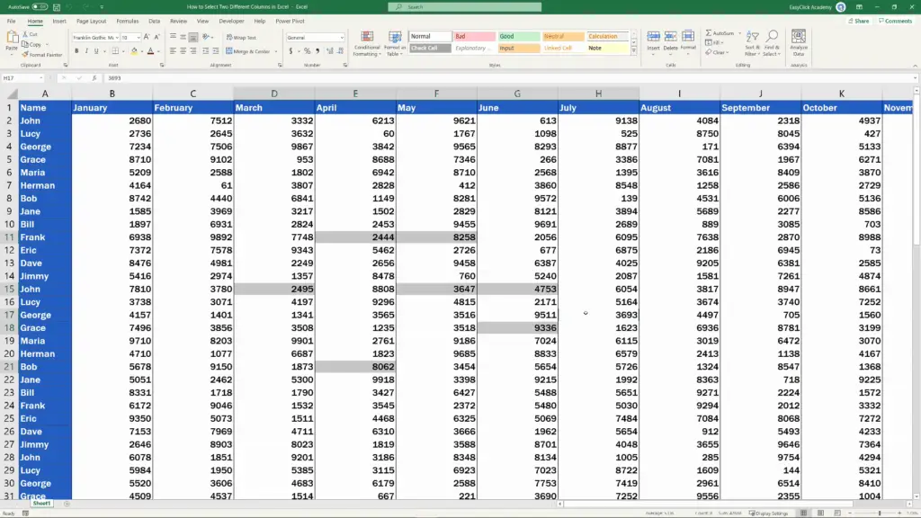 How to Select Two Different Columns in Excel at the Same Time - use the Ctrl key with  separate cells