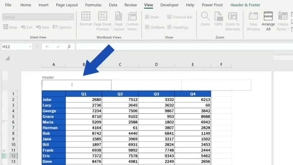 How to Add a Header in Excel - Click into the selected header section