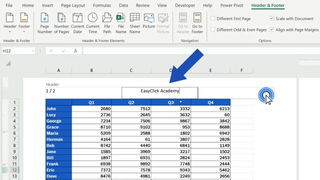 How to Add a Header in Excel - Click on the header part and insert the text