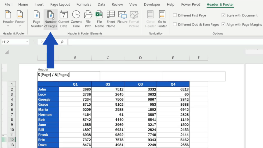 How to Add a Header in Excel -Excel - click on Number of Pages