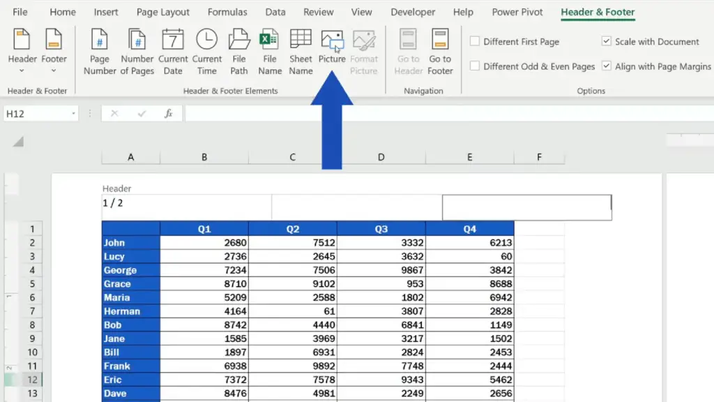 How to Add a Header in Excel -Excel - go to ‘Header & Footer’ and there we click on ‘Picture’