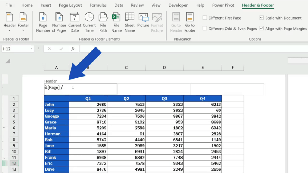 How to Add a Header in Excel -Excel - type in a forward slash